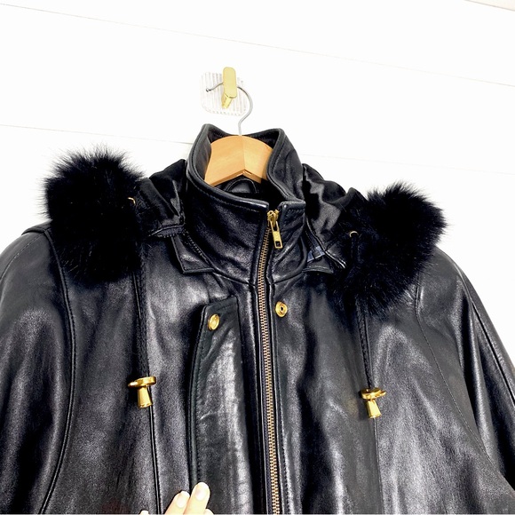 Vintage Genuine Lambskin Leather Black Parka w/ Fox Fur Trimmed Removable Hood - Picture 13 of 15